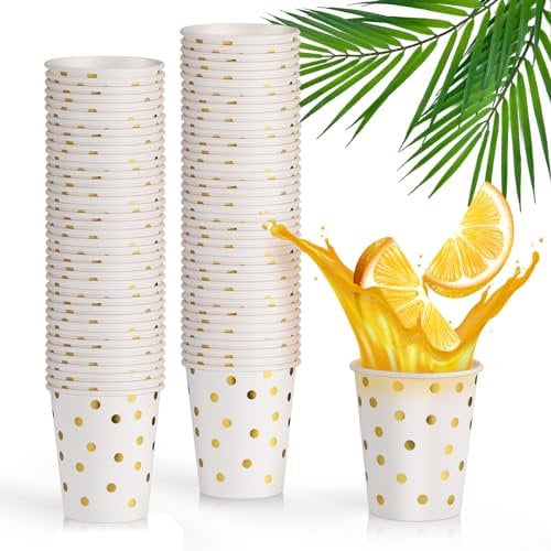 Hejo Disposable Paper Cups, 80PCS Gold Dot Drinking Cups for Coffee Tea Juice Hot Drinks and Cold Drinks, 250ml Party Cups for Picnic, Camping, Gatherings