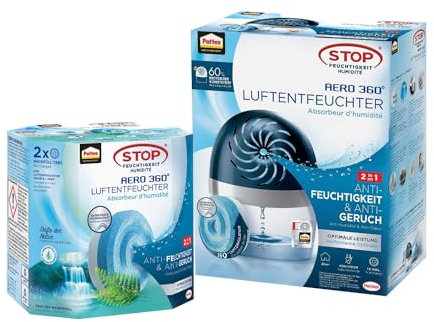Pattex AERO 360º Luftentfeuchter, nachfüllbarer Raumentfeuchter, 1 Gerät inkl. 1 Nachfülltab (450g) & Pattex AERO 360° Frischer Wasserfall Tabs Nachfüllpack, 2er-Pack (2x450g)