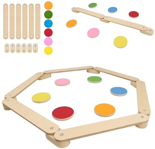 XMTECH 12 tlg. Hölz Kinder Schwebebalken Balancierbalken mit 6 Balanciersteine frei kombinierbar, Balancier-Set für 3-7 Years Kinder, Montessori-Spielzeug, Indoor und Outdoor