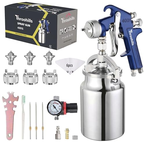 Throohills HVLP Siphon Feed Spray Gun Set with 1.4/1.7/2.0mm Stainless Steel Nozzle, 1000cc Aluminum Cup, Brass Airflow Cap and 6pcs Paint Strainers for Cars & House Painting (Blue)