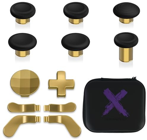 eXtremeRate 13 en 1 Component Pack Kit para Xbox Elite Series 2 Control 6 Joysticks Metálicos & Herramienta de Ajuste 2 D-Pads 4 Paletas para Xbox Elite Series 2 Core Mando-Oro Héroe Metálico