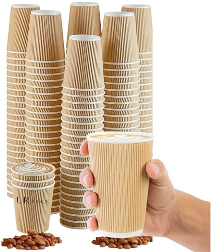 UR CHOICE, 100 x 12oz Brown Disposable Ripple Paper Cups, Triple Wall Leak Proof Coffee Cups, Insulated Paper Takeaway Cups for Hot & Cold Drinks
