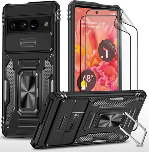 CLYDITE Hülle für Google Pixel 7 Pro handyHülle mit Slide Camera Schutzfolie [2 Stück] Schützen Ständer Silikon Rüstung Hardcase Stoßfeste Hüllen-Schwarz