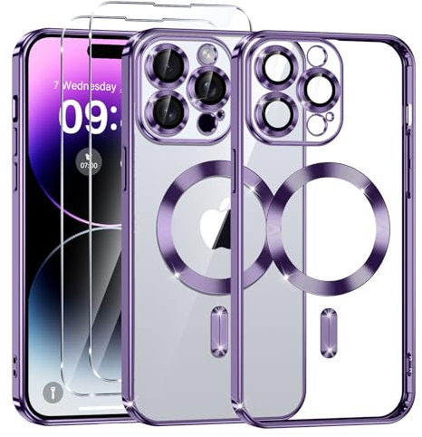 Phoona Cover Placcatura per iPhone 14 Pro Max 6,7 Pollici, Obiettivo per Fotocamera Protezione Completa e 2 × vetro temperato, Compatibile con MagSafe Ricarica Wireless, Protezione Militare, Viola