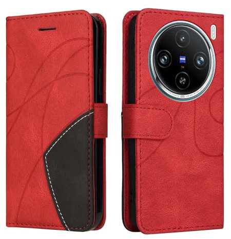 XINNI Cover Protettiva per Vivo X100 PRO 5G Case, retrò Cellulare Custodia Libro Antiurto in Flip Pelle PU/TPU, Portafoglio Flip Magnetica, Rosso