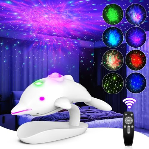 Lisveory Delphin Sternenhimmel Projektor,planetarium projektor, LED Nachtlicht intelligente Fernbedienung Galaxy Sternenprojektor, 8 Farben für Weihnachten Geschenk Kinderzimmer Dekoration（white）