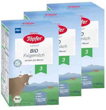 Töpfer Bio Folgemilch 3 - 3 x 600g Milchpulver - Babynahrung als Anschluss an das Stillen / zur Beikost – ab dem 10. Monat. - Mit Bio-Milch aus dem Allgäu