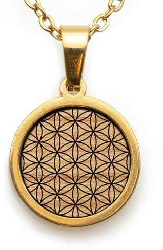 treeforce Edelstahl Halskette in Gold und Silber mit Holzemblem in schwarzem Geschenksetui, unisex (Blume des Lebens, Gold)
