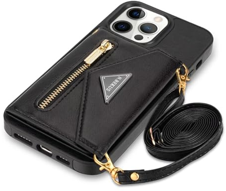 GUVAGI für iPhone 16 Pro Max Hülle mit Band Handykette Handyhülle,Flip 4-Kartenfach Case Leder Handy Hülle Klapphülle Reißverschluss Handytasche Mädchen Cover mit Kette Schnur Tasche Umhängen,Schwarz