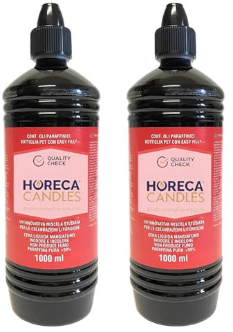 HORECA CANDLES - Aceite para Lámparas de Aceite – 2x1L, 99% PARAFINA LIQUIDA, Cera Líquida Inodora y Transparente, Ideal para Uso Litúrgico, Antorchas de Jardín, Velas de Aceite