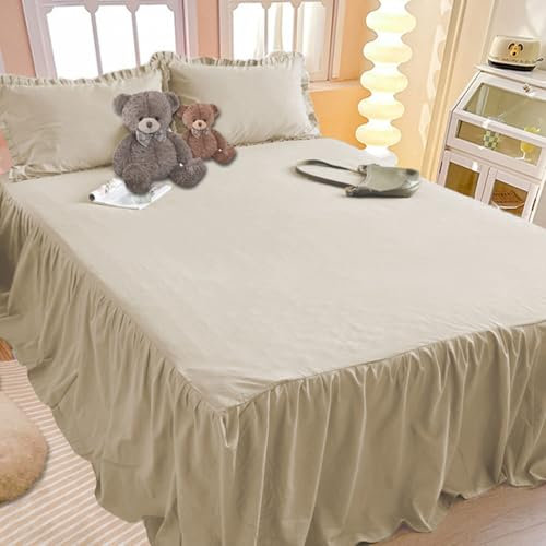 Gohytal Cache-sommier élégant 140 x 200 cm avec volants Hauteur 45 cm Cache-sommier à enrouler Beige
