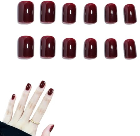 24 Pcs Fake Nails | Acrylic False Nails with Glue | Wine Red press on nails for Women Girls (Short False Nails）