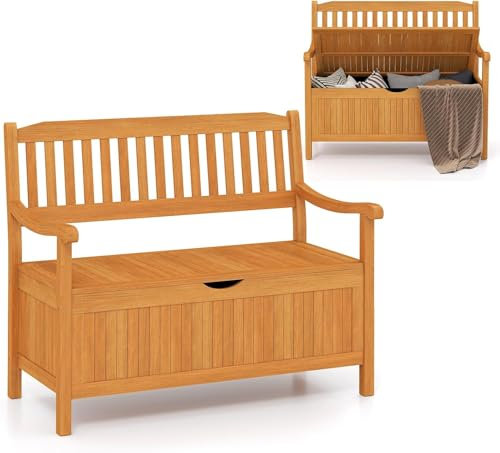 FANTASK Gartenbank Holz mit Stauraum, Holzbank für 2-Sitzer bis 360kg belastbar, Balkonbank mit abnehmbarem Innensack, Teak