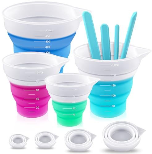 GZLCEU 4 Stk Mischbecher, 50ml/100ml/250ml/500ml Silikon Becher | Klappbar Silikon messbecher mit 4 Stk Silikon Rührstab für Diy Handmade, Basteln, Labor, Küche