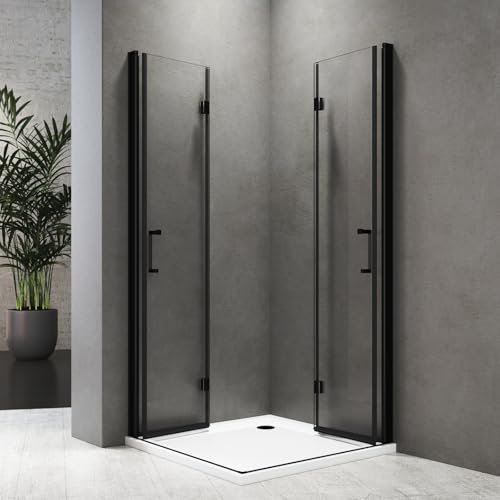 Duschkabine Eckeinstieg 90 x 90cm 180° Falttürkabine 6 mm Nano Glas Schwarz Drehfalttür Duschabtrennung Duschwand Höhe 195cm