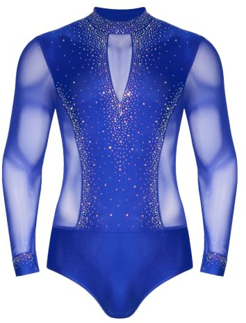 Sinleey Herren Latein Tanz Body Glitzer Gymnastikanzug Eislauf Turnanzug Langarm Kleidung Turnbody