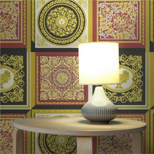 TADESSI Vliestapete Barock–Optik M1–No.11536 Vliestapete Gold Rot Weiß Schwarz – Tapete Design Wohnzimmer Schlafzimmer Küche