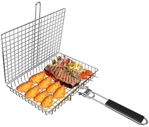 SWINGTEK Fischgrillkorb, faltbarer tragbarer Edelstahl-BBQ-Grillkorb für Fisch, Gemüse, Garnelen mit abnehmbarem Griff, inklusive Bratpinsel und Aufbewahrungstasche Es ist ein perfektes Geschenk