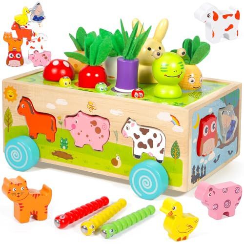 Montessori Spielzeug Ab 1 Jahr, 6-in-1 Holz Motorikspielzeug Bauernhof Autos Mit Rädern,Kinder Karotten Steckspiel Holzspielzeug,Montessori Geschenk Baby Lernspielzeug Ab 1 Jahr 2 3 4 5 Mädchen Jungen