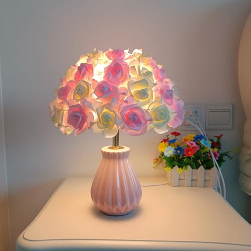 Mengjay Kreative Blumen Schreibtischlampe,E27 Nachttischlampe mit Rosenlichtschirm,Tischlampe aus Keramik Leselampe,Nachtlicht,Vintage Tischleuchte für Schlafzimmer Wohnzimmer Büro (Rosa-Weiß)