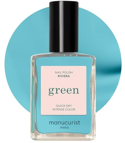Manucurist Green Riviera Turquoise Blue Natural Nail Polish | Long lasting nail polish and Quick dry nail varnish with classic manicure effect. Vegan, 9-free, plant-based, 15 ml
