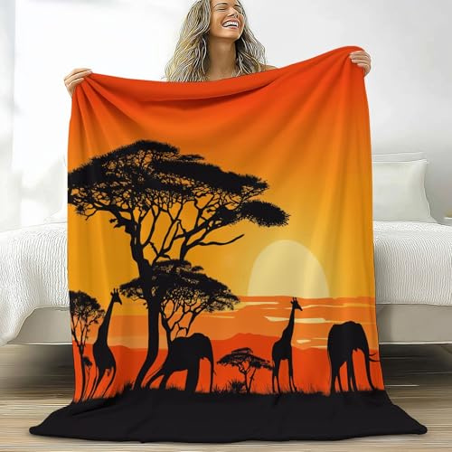 Flauschig Kuscheldecke Orangegelb Kinder Decke 180 x 200 cm, Weich Warm Flanell Fleecedecke Decken - Plüsch Afrika Savanne Tiere Wohndecke Überwurfdecke für Frau Mädchen Sofa