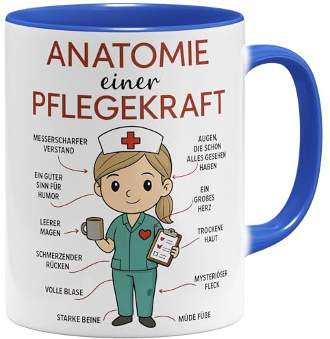 OM3® Anatomie einer Pflegekraft Kaffee-Tasse mit Spruch - Dankeschön für Krankenschwester, Pflegerin & Altenpflegerin - Keramik Becher - 325ml - Beidseitig Bedruckt - Blau
