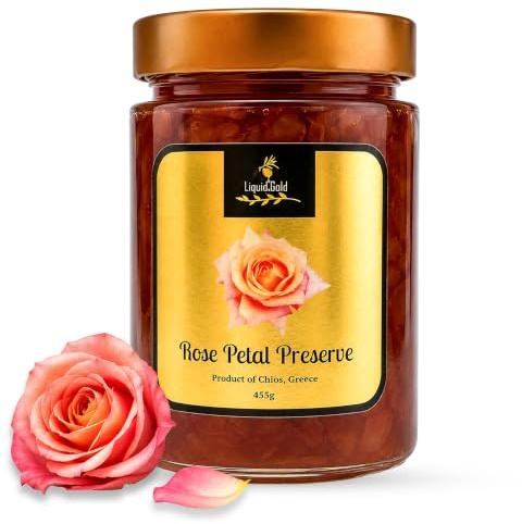 Liquid Gold Greek Rose Petals Spoon Sweet Preserve 453g | Traditional Greek Sweets Glyko Tou Koutaliou from Chios with Fresh Rose Petals | 40%+ Fruit Luxury Dessert Topping for Cakes and Pastries