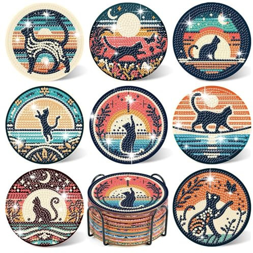 YarnWhimsy 8 Stück Diamond Painting Untersetzer Katze, 10 x 10 cm | Diamond Painting Erwachsene Coasters schwarze Katze, DIY Crystal Kreativ Bastelset kreativ für Erwachsene