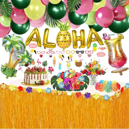 Evance 162pcs Hawaiian Party Decorations,Hawaiian Tropical Party Deco, Hawaiian Grass Table Skirt, Aloha Balloon Garland Palm Leaves Juice Foil Balloon Luau Party Supplies
