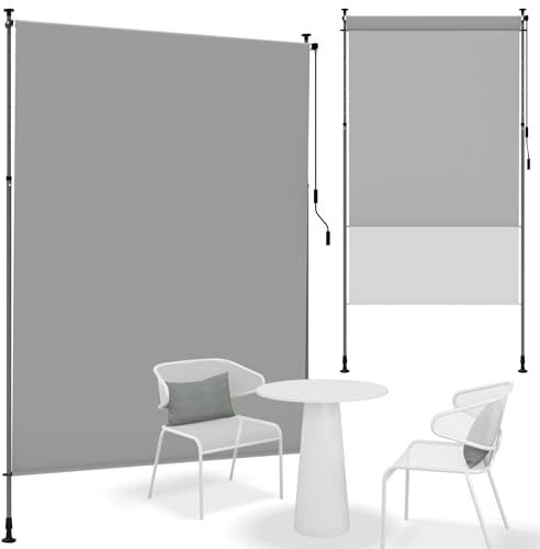 Suusolny 200x310cm Senkrechtmarkise Hellgrau Klemmmarkise mit Handkurbel Sichtschutz ohne Bohren Vertikalmarkise Wetterfest & UV-Schutz Balkonrollo Außenrollo Wasserfest für Terrasse Garten