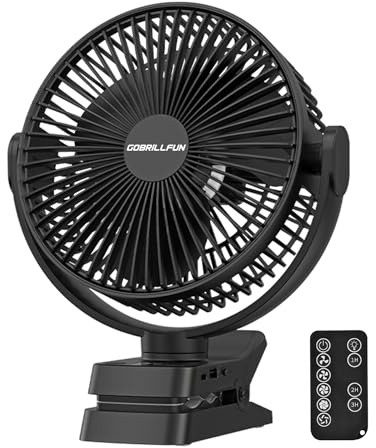 Ventilatore a clip da 21 cm con batteria da 12000 mAh e indicatore di livello della batteria, ricaricabile tramite USB, con luce LED, 5 velocità, timer, ventilatore a batteria per ufficio, campeggio