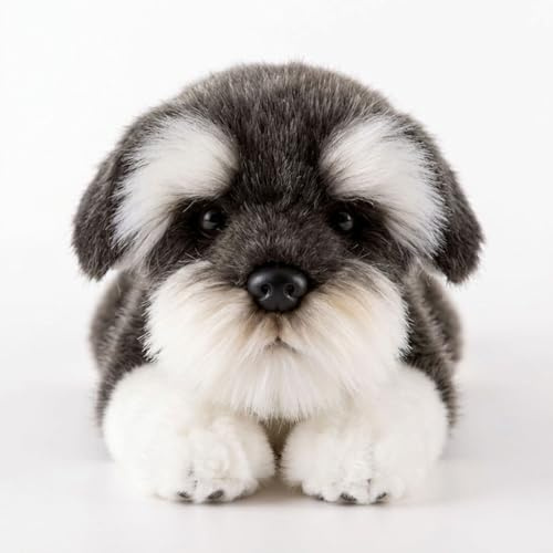 MAOWO Planet Weicher Schnauzer Hund, 19cm Liegendes Plüschtier in Grau und Weiß, Hochwertiges Stofftier Geschenk für Kinder und Hundeliebhaber