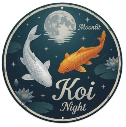 Metal Tin Sign Koi Fish Moonlight Reflection Pond Japanese | 8x8Inch vintage style Round Plaque Wall Decor for Cafe, Club Bar, Office, Home Garden, front door, Bedroom, corridor