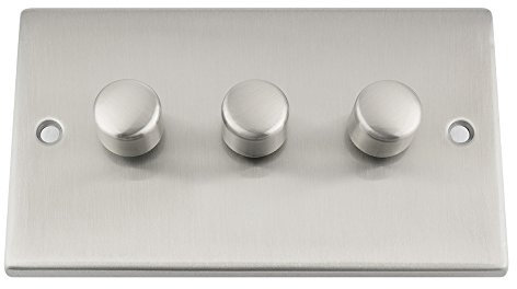 Mains LED Light Dimmer Switch 250W 3 Gang - Satin Matt Chrome - Square - Push On/Off 2 Way