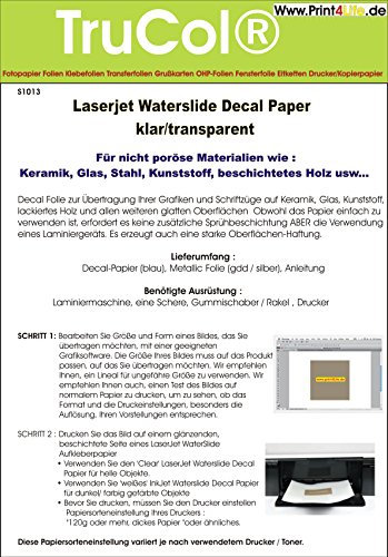 5 Blatt Wasserschiebefolie Decal Papier Transfer Folie DIN A4 transparent für Laserdrucker Kopierer klare Folie wasserabschiebefolie Transferfolie Transferpapier