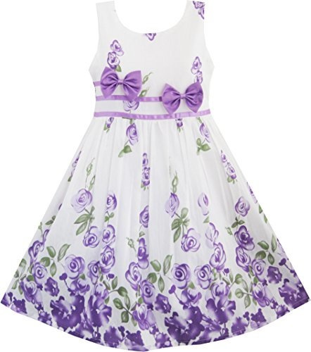 Girls Dress Purple Rose Flower Double Bow Tie Party Kids Sundress Age 9-10 Years
