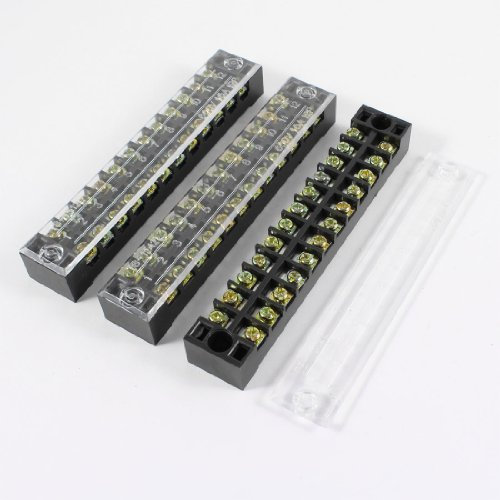 sourcing map 3 Pcs 600V 15A 12 Positions Dual Rows Covered Barrier Screw Terminal Block Strip