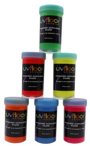 UV FLOOR - Pack Starter Peinture Acrylique Fluo - Spéciale Lumière Noire Et Ultra Violet - Flashy - Fluide Et Ultra Pigmentée - Fluorescent - 6 x 100ml