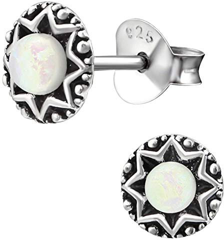 EYS JEWELRY Opal Ohrringe Silber 925 Damen Ohrstecker rund oxidiert 6 mm Vintage Stecker Schmuck Geschenke für Frauen im Schmuckeui