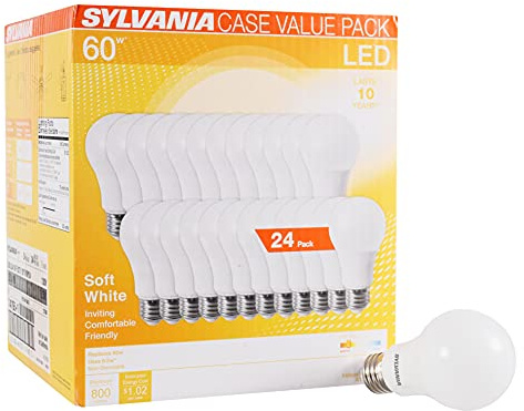 Sylvania LED A19 Light Bulb, 60W Equivalent, Efficient 8.5W, 10 Year, 2700K, 800 Lumens, Frosted, Soft White (74765), Packaging May Vary (Pack of 1, 24 Count Total)
