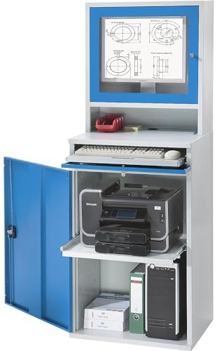 eurokraft pro | Computer-Arbeitsstation | Stahlblech, HxB 1770 x 650 mm, mit Monitorgehäuse, Türfarbe Lichtblau
