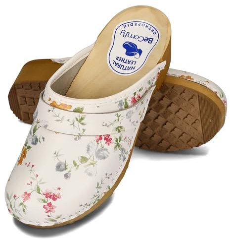 BeComfy Sabots en Cuir pour Femme Mules à Talons en Bois Étoiles Fleurs Colorées Bleu Blanc 35-41 EU (Blanc et Fleurs, 40 EU)