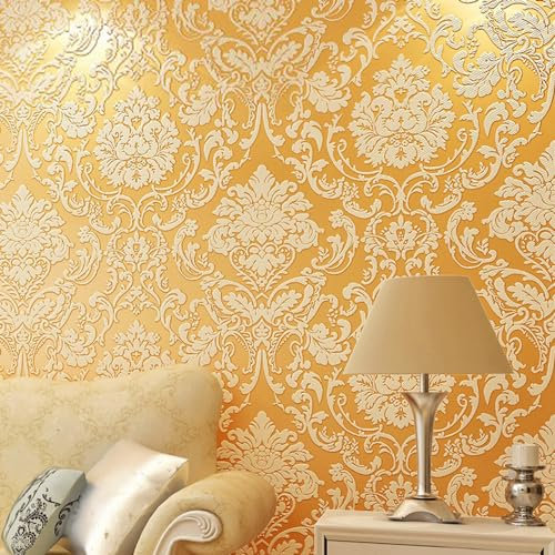 9.5X0.53M 3D Vintage Victorian 5 Colors Luxury Damask Embossed Flock Textured Non-Woven Wallpaper Roll for Bedroom Livingroom 1.73' W x 31.2' L=5.035㎡ (54sq.ft) (Gold)