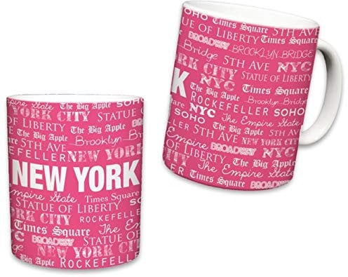 Sweet Gisele | New York City Mugs | Ceramic NYC Mug | Downtown Manhattan Skyline Coffee Cup | Empire State Building, Statue of Liberty, Brooklyn Bridge | Great Novelty Gift | 11 Fl. Oz (Pink)