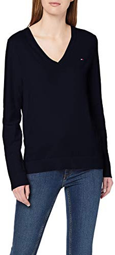 Tommy Hilfiger Pull en Maille Femme Heritage V-Nk Sweater Col en V, Bleu (Midnight), S