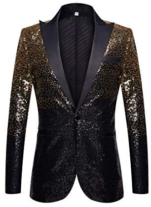 PYJTRL Herren Anzugjacke mit Pailletten (L, Goldfarben/Schwarz)