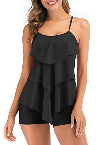 FLYILY Maillot de Bain 2 Pièces Femme Tankini Ensembles à Volants Maillot Haut Imprimé avec Short de Garçon(Black,M)
