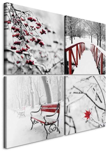 B&D XXL - Wandbilder 4-Teiliges Leinwandbild-Set Winterlandschaft mit roten Akzenten, Schnee und Naturmotive, Wanddeko für eine warme Atmosphäre, Rote Akzente im Schneelandschaft
