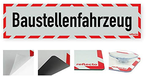 reflecto Hinweisschild „Baustellenfahrzeug“ in rot-weiß und reflektierend (RA1/A) - verschiedene Ausführungen und Maße (mit Saugnäpfen, 150 mm x 500 mm)